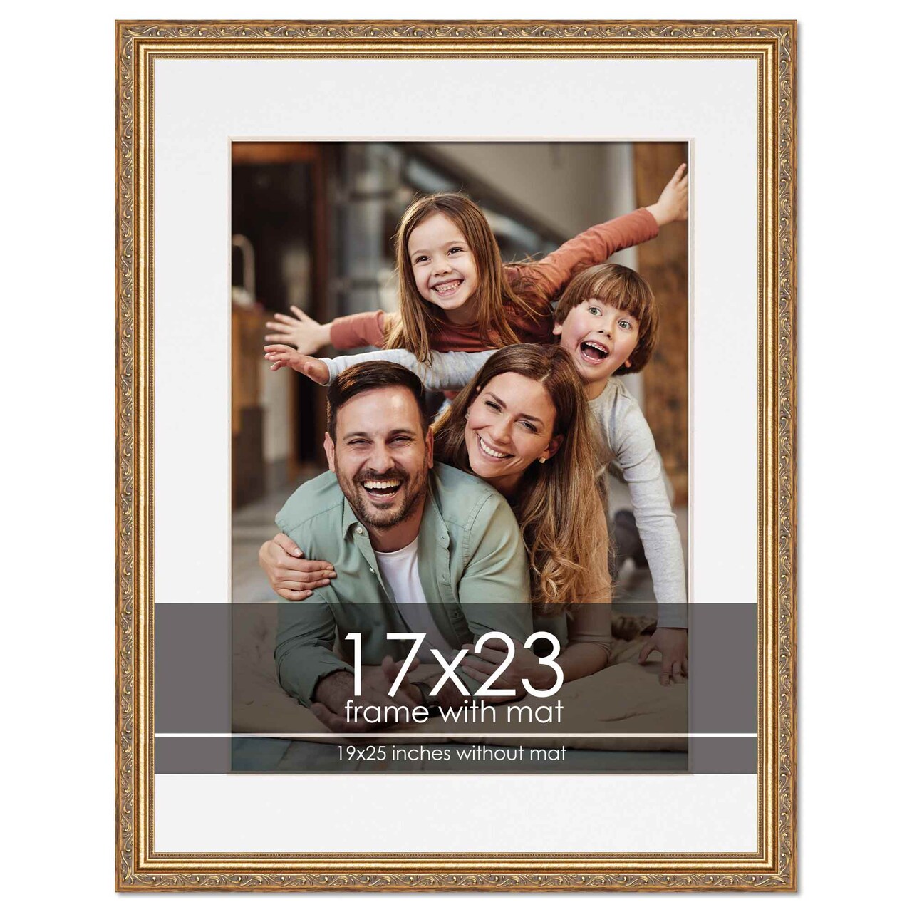 Antique Gold Frame with White Photo Mat, UV Acrylic Front, Foam Board Backing, 60 Sizes Available